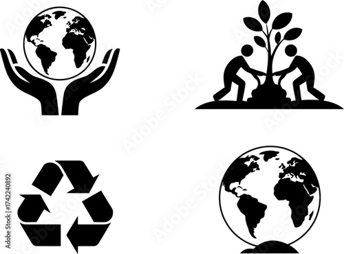 Hands holding the Earth, people planting a tree, and recycling symbol represent global environmental care and sustainability.