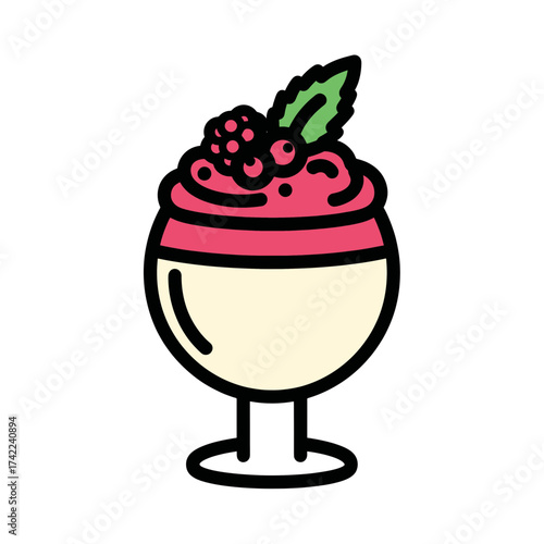 Delicious dessert with berries and mint leaf on top served in a glass.