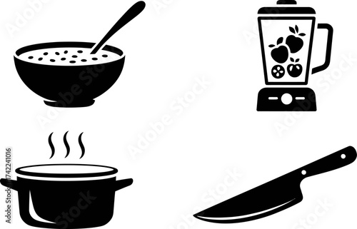 Collection of cooking icons representing healthy eating and meal preparation.