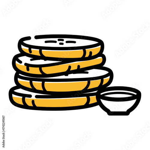 Stack of pancakes with a small bowl of syrup breakfast meal.