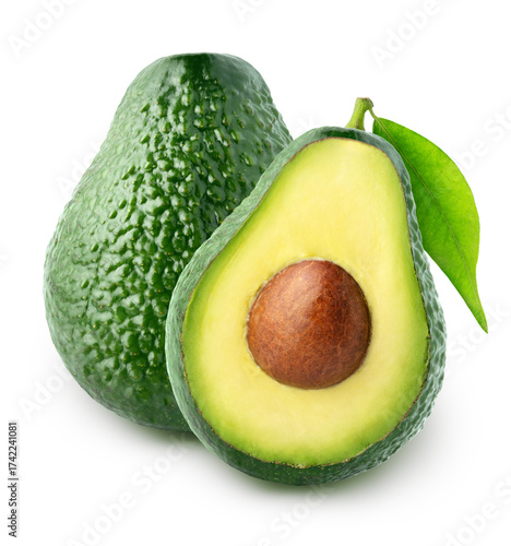  Whole and half of fresh green avocado isolated on white background