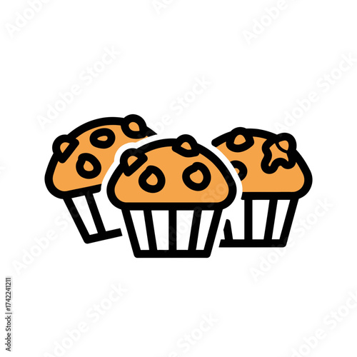 Three delicious muffins with orange tops and black outlines.