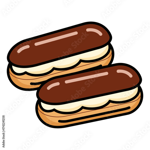 Two delicious chocolate eclairs with cream filling a sweet dessert.