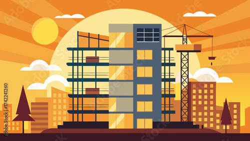 Modern building construction site with crane against a vibrant sunset sky and city skyline