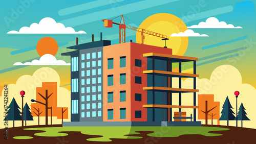 Modern construction site with a crane building an apartment complex against a vibrant sunset sky