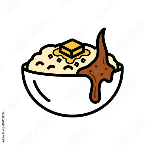 Mashed potatoes with gravy and butter in a white bowl.