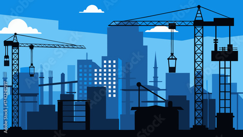 Modern cityscape under construction with towering cranes and silhouetted buildings against a blue sky