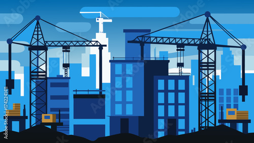 Modern cityscape under construction with towering cranes and blue skyscrapers in flat design style