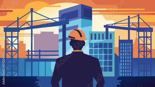 Construction worker in hard hat overlooking a city skyline with cranes and buildings at sunset
