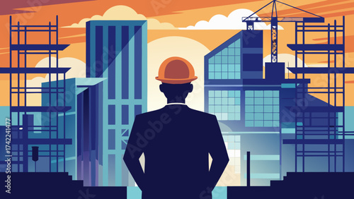 Silhouette of a construction worker wearing a hard hat overlooking a city skyline with buildings under construction