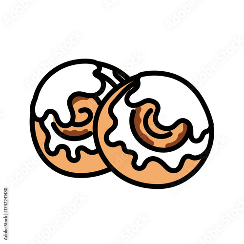 Two delicious frosted donuts with a swirl of icing and a brown center.