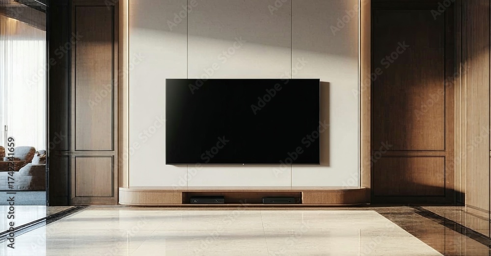 Fototapeta premium Modern living room interior. Wall mounted television above wooden console. Neutral color palette, sleek design, warm lighting. Spacious, minimalist aesthetic.
