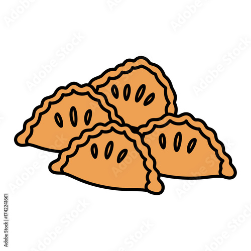 Four golden brown empanadas with black outlines and seed details.