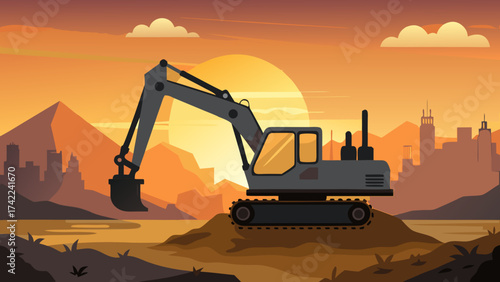 A modern excavator sits on a dirt mound against a vibrant sunset with city skyline and mountains in the background
