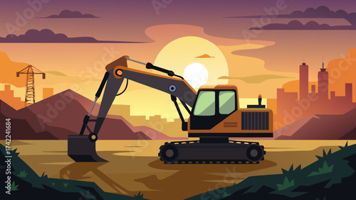Heavy duty excavator digging in muddy ground with city skyline and sunset in the background