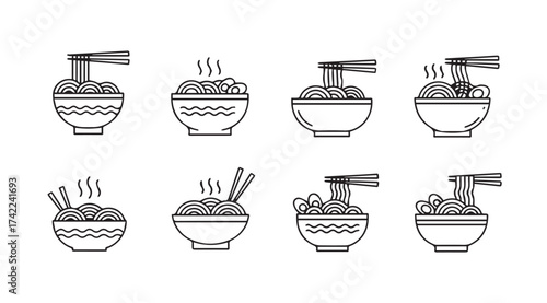 Eight hand drawn bowls of hot steaming noodles with chopsticks asian food icon set vector