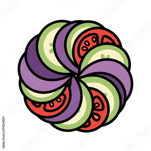 Colorful vegetable slices arranged in a circular pattern a culinary delight.