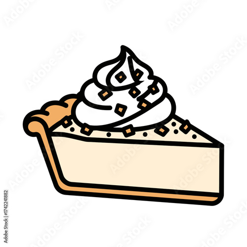 Delicious slice of pie with whipped cream and decorative toppings a sweet treat.
