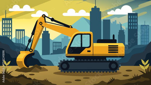 Yellow excavator digging in a construction site with city buildings in the background under a cloudy sky