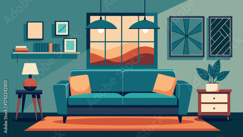Cozy living room interior with teal sofa orange rug and abstract art on the wall