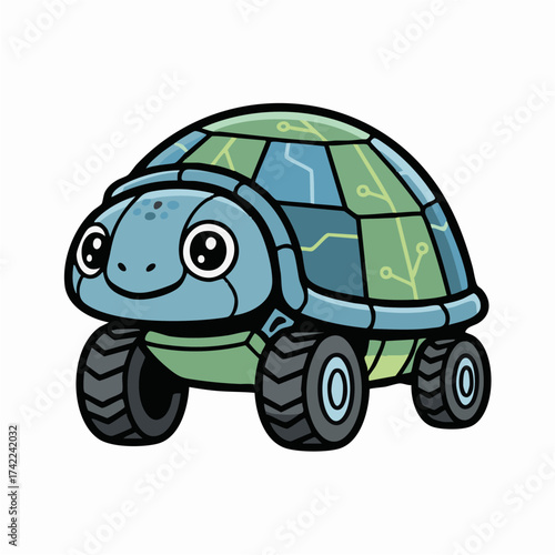 Cute cartoon robotic turtle on wheels with a circuit board shell, a mascot for innovation