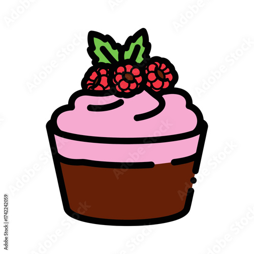 Delicious cupcake with pink frosting and fresh raspberries on top tasty dessert.