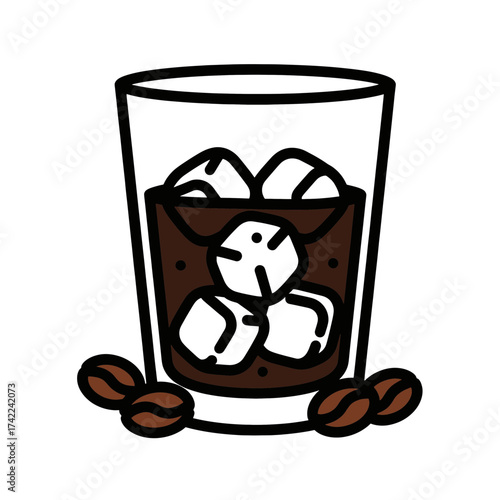 Iced coffee with ice cubes and coffee beans illustration.