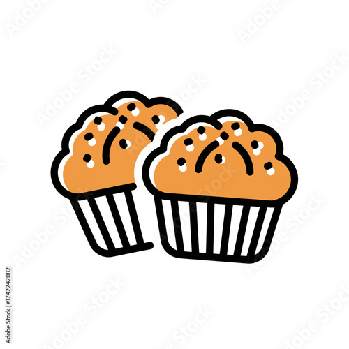 Two delicious muffins with orange color and black outlines.