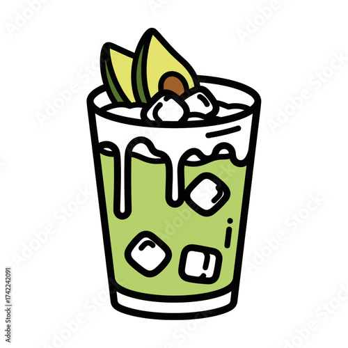 Refreshing avocado smoothie with ice cubes and avocado slices on top delicious drink.