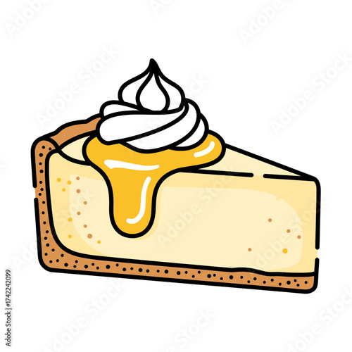 Delicious slice of cheesecake with whipped cream and sweet syrup on top.