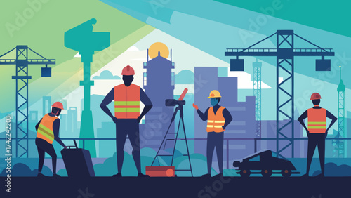 Construction workers in hard hats and vests on a city building site with cranes and skyscrapers