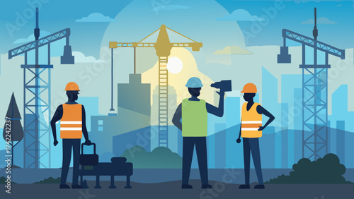 Construction workers in hard hats and safety vests stand on a site with cranes and city buildings in the background