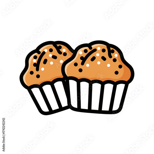 Two delicious muffins with sprinkles in white paper cups.