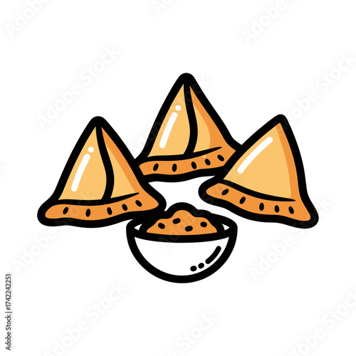 Delicious golden samosas with a bowl of chutney a tasty Indian snack.