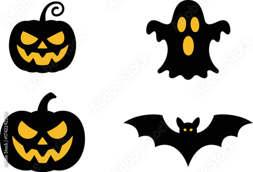 Spooky Halloween icons: jack-o'-lanterns, ghost, and bat on white background