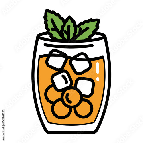 Refreshing summer cocktail with ice cubes and mint leaves illustration.