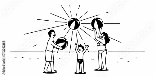 A family playing with beach balls on a sunny day near the ocean with a child reaching up happily to play