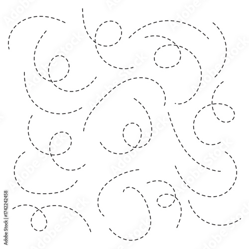 Abstract Curved Dotted Swirl Line. Hand drawn curve dotted line vector set. Long squiggle dashed collection. Dotted Spiral Curve Line.