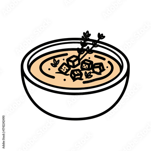 Delicious soup with croutons and herbs in a white bowl.