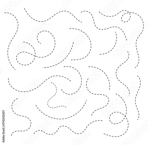 Abstract Curved Dotted Swirl Line. Hand drawn curve dotted line vector set. Long squiggle dashed collection. Dotted Spiral Curve Line.