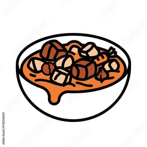 Delicious stew served in a white bowl with a black outline.