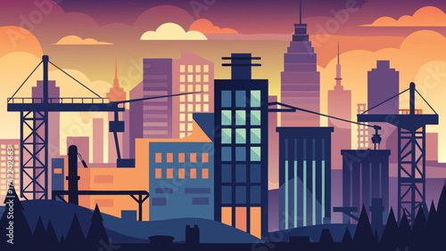 Modern city skyline under construction with cranes and skyscrapers at sunset with dramatic clouds