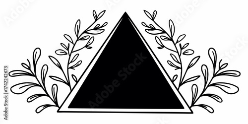 Black triangle with a white outline surrounded by leafy branches on both sides in a symmetrical design