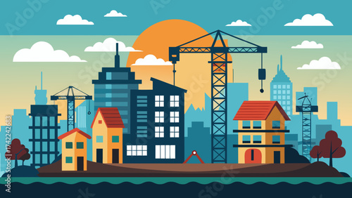 Modern city skyline under construction with cranes and buildings at sunset