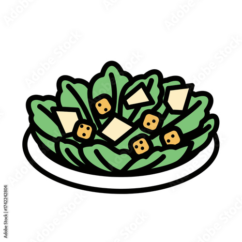 Fresh salad with croutons and dressing in a white bowl.