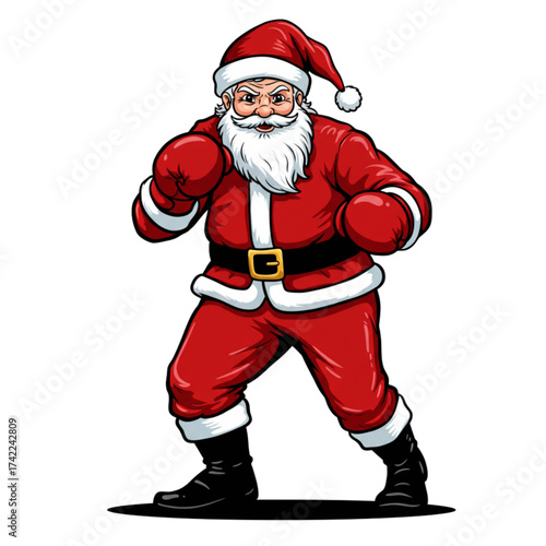 Santa Claus in Boxing Pose with Red Gloves and Fighting Stance - Tough Christmas Fighter Cartoon Vector Illustration