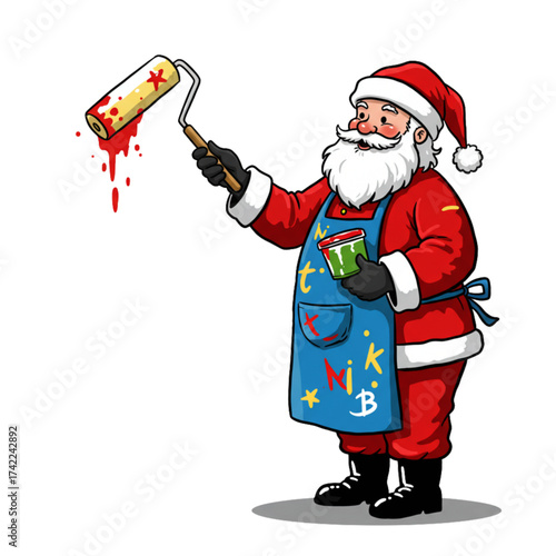 Santa Claus Painting with Red Roller and Starry Apron on Stool - Creative Christmas Decorator Cartoon Vector Illustration