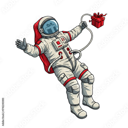 Santa Claus Astronaut Floating in Space Holding Tethered Gift Box Isolated on Transparent Background - Cartoon Vector Illustration for Christmas Cosmic Adventure and Holiday Sci-Fi Fun