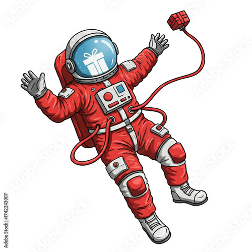 Astronaut Floating in Space with Tethered Gift Box - Cosmic Present Delivery Cartoon Vector Illustration for Holidays