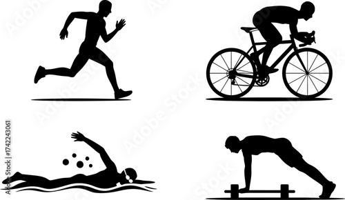 Dynamic silhouettes of athletes engaged in running, cycling, swimming, and strength training.